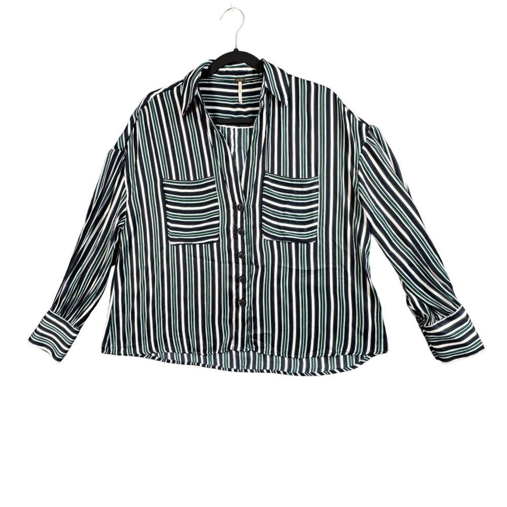 Free People Green Navy Striped‎ Button Down XS Indie Coastal Bohemian Relaxed